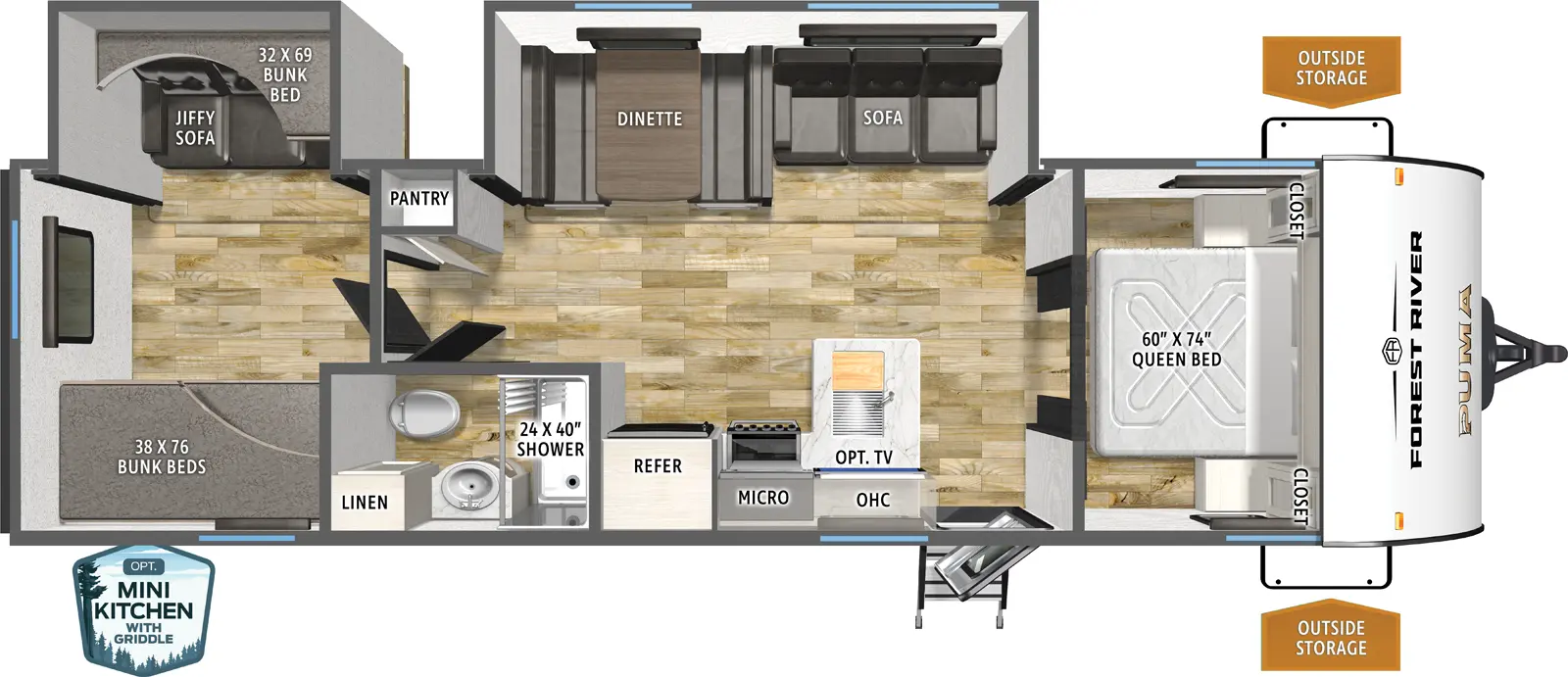 The Puma Camping Edition 305BHCE floorplan has one entry and two slide outs. Exterior features include: metal exterior, 15' awning and outside kitchen. Interiors features include: bunk beds and front bedroom.